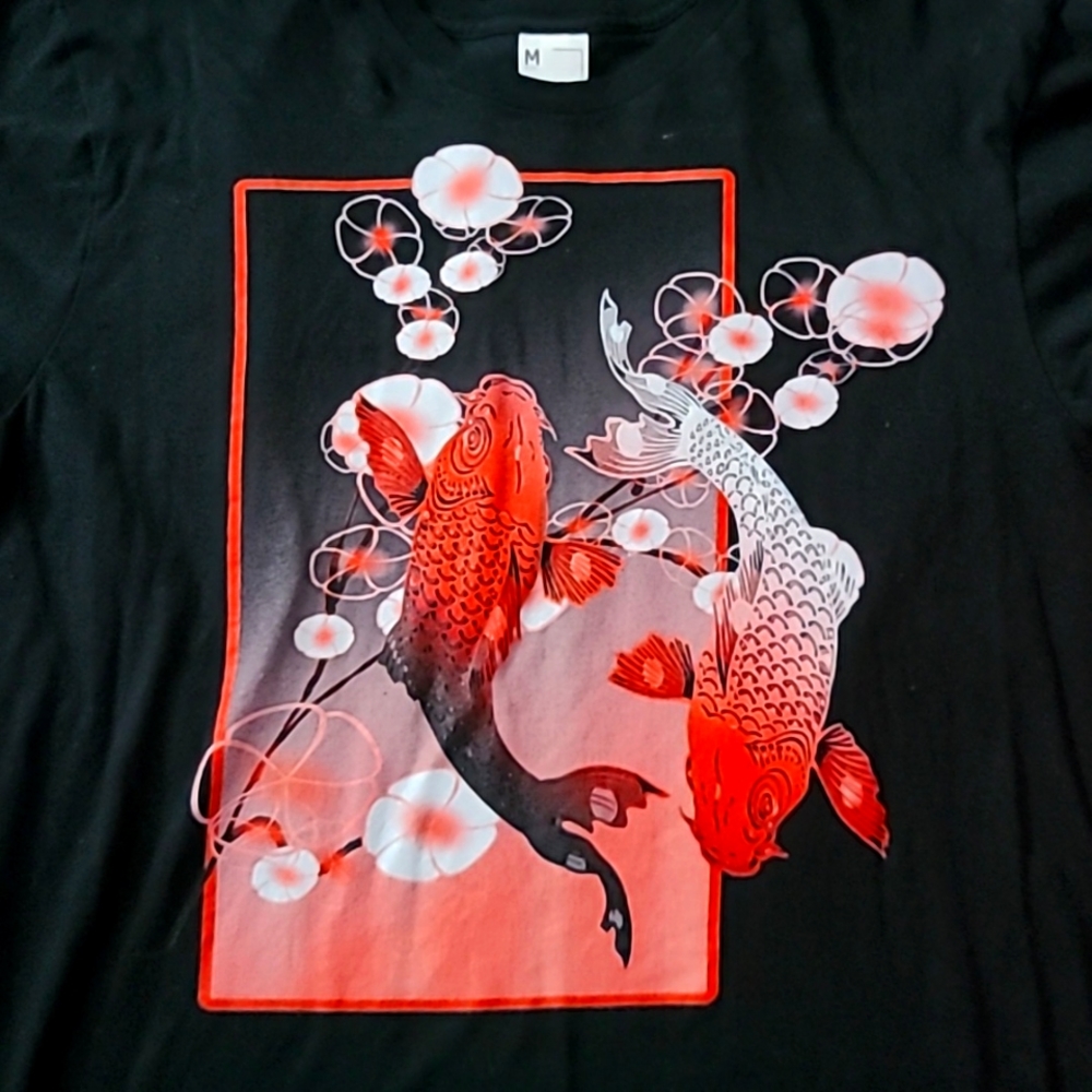 Black Shirt With Red White And Black Koi Fish And Cherry Blossom